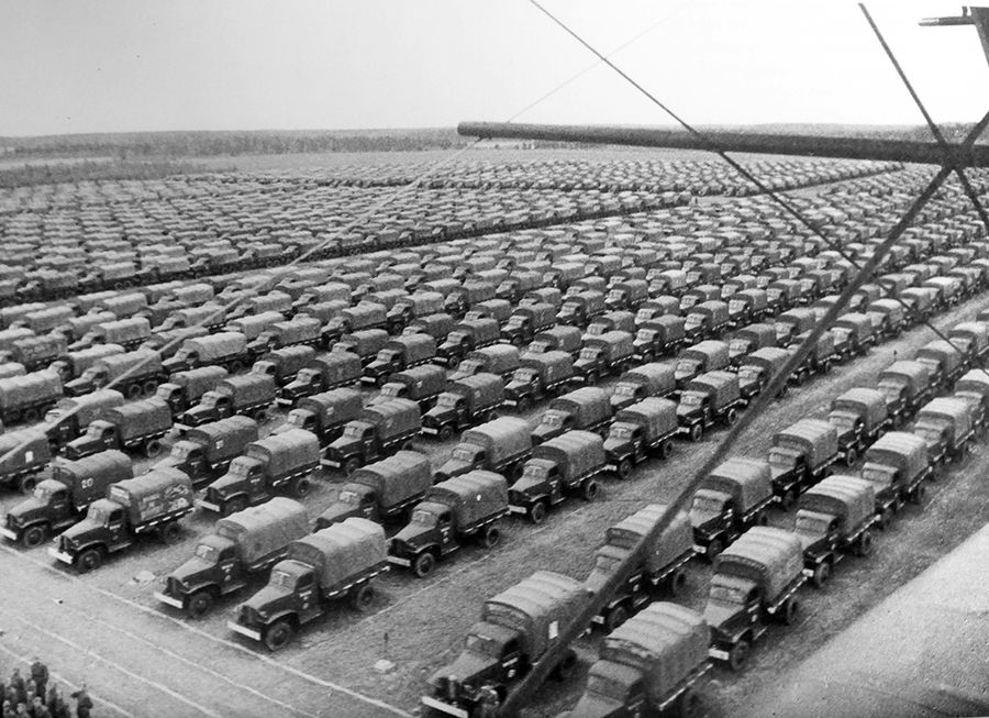 American-made Studebaker and Chevrolet trucks at a Red Army depot in Mozhaysk, west of Moscow, August 1944.jpg
